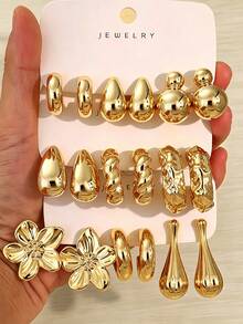 6-18pcs Women's Earring Set, Including Five-Petal Flower, Water Drop, Pumpkin Seed Water Drop, Pendant Pumpkin, Smooth C-Shape And Other Designs, Fashionable Earrings Suitable For All-Year Wear - Gold - View 1