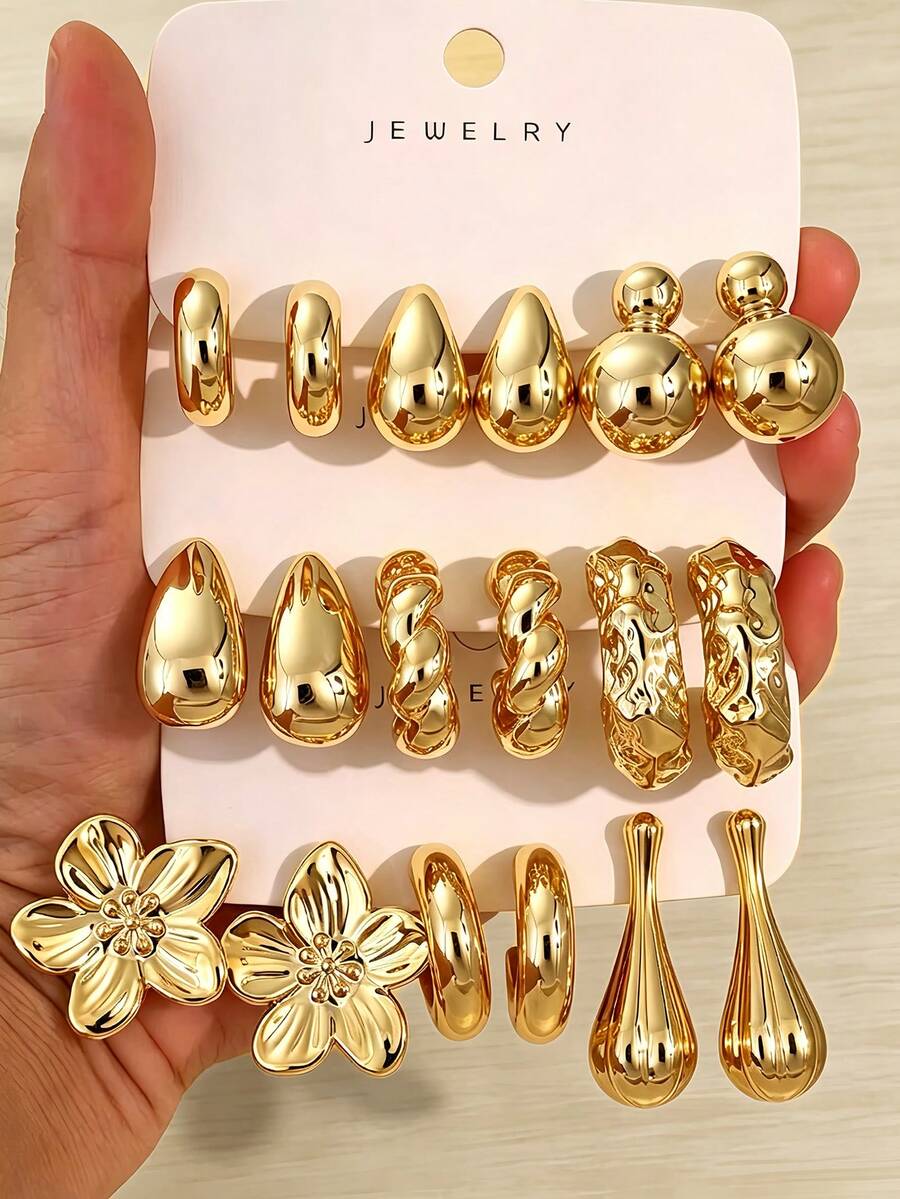 6-18pcs Women's Earring Set, Including Five-Petal Flower, Water Drop, Pumpkin Seed Water Drop, Pendant Pumpkin, Smooth C-Shape And Other Designs, Fashionable Earrings Suitable For All-Year Wear - Gold - View 1