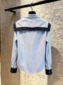 Women Striped Lapel Long Sleeve Shirt, Casual Office Blouse - Blue - View 2