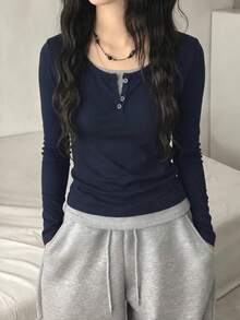Women's 2-In-1 Patchwork Casual Versatile Long Sleeve T-Shirt, Daily Wear, Navy Blue - Navy Blue - View 5