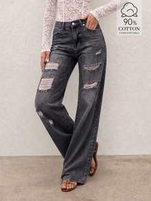 Celana Jeans Wanita Model Light Wash, Sobek, Potongan Lebar, Pinggang Tinggi, Bahan Elastis, Gaya Bohemian Vintage Y2K, Nyaman dan Lembut, Pakaian Jalanan Musim Gugur/Dingin untuk Jalan-jalan dan Liburan - Hitam - View 3