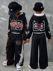 Lurzo Tween Boys Autumn/Winter Graffiti Street Style Hoodie + Sweatpants, Rivet & Rhinestone Design Hoodie + Graffiti Double Waist Wide Leg Pants, Suitable For Daily Wear, Street Dance, Hip Hop - Black - View 1