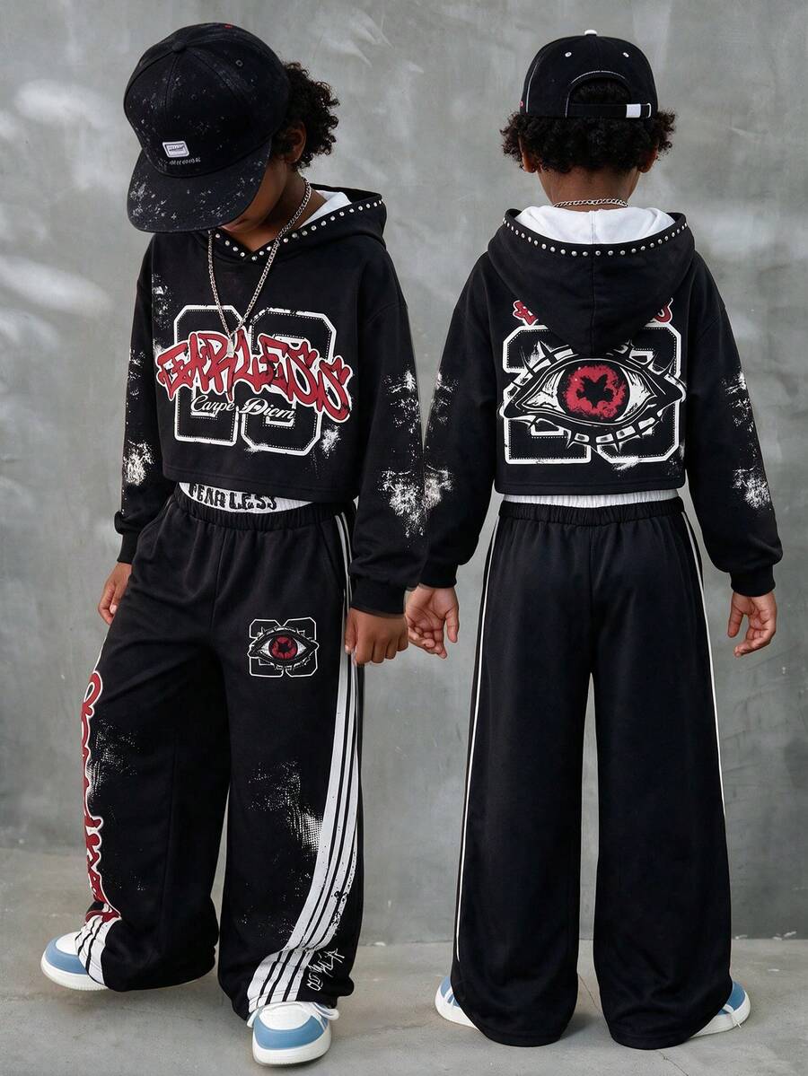 Lurzo Tween Boys Autumn/Winter Graffiti Street Style Hoodie + Sweatpants, Rivet & Rhinestone Design Hoodie + Graffiti Double Waist Wide Leg Pants, Suitable For Daily Wear, Street Dance, Hip Hop - Black - View 1