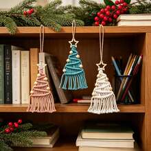 1pc Macrame Christmas Tree Hanging Decor, Handmade Woven Christmas Tree Tassel Star Decoration Wall Hanging, Small Christmas Tree Wall Decor - Multicolor - View 5