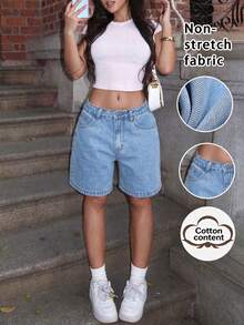 Women's Light Color Bermuda Denim Shorts, Simple & Fashionable, Suitable For Summer Casual Wear - Light Wash - View 2