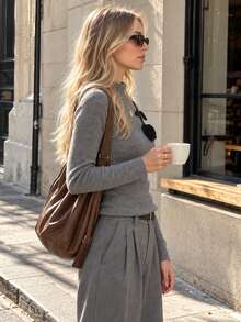 Women's Ribbed Funnel Neck Knit Top With Floral Applique Long Sleeve Fall Winter Sweater - Dark Grey - View 3
