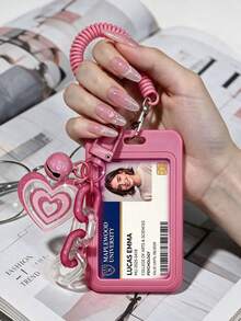 Cute Heart Shaped ID Card Holder With Detachable Slide Cover Clear ID Windo,Retractable Coil Spring Lanyard, For Student ID, Meal Card, Work Pass - Multicolor - View 6