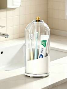 Rotating Toothbrush Holder With Sliding Cover - Freestanding Bathroom Organizer For Toothbrushes, Toothpaste, Makeup Brushes And Cosmetics - Transparent Plastic Design With Gold Accents, No Electricity Required Toothbrush And Toothpaste Storage - Multicolor - View 2