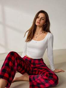Lowkey Lull Conjunto de pijama para mujer con top de manga larga y pantalones, franela a cuadros, cómodo, casual, suave, chic, estilo INS Y2K, EasyComfort AutumnSlumber - Multicolor - Ver 19