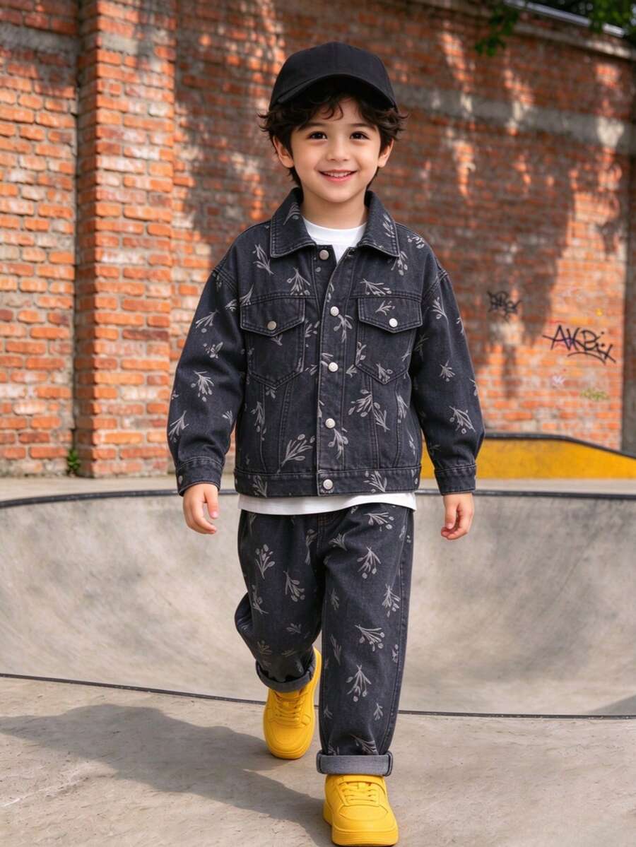 2pcs/Set Young Boys Denim Jacket And Pants Set, Suitable For Casual Wear, School, Outdoor Activities