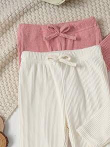 4pcs Baby Girl Soft Minimalist Gentle Style Frill Trim High Neck Flutter Sleeve Long Sleeve Top With Bow Waist Flared Long Pants Set, Autumn/Winter - Multicolor - View 7