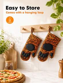 Meoky 1 Pair Kitchen Oven Mitts, Heat-Resistant Non-Slip Surface Oven Mitts And Heat-Insulating Pad, Suitable For Cooking - Orange and Black Tiger - View 4