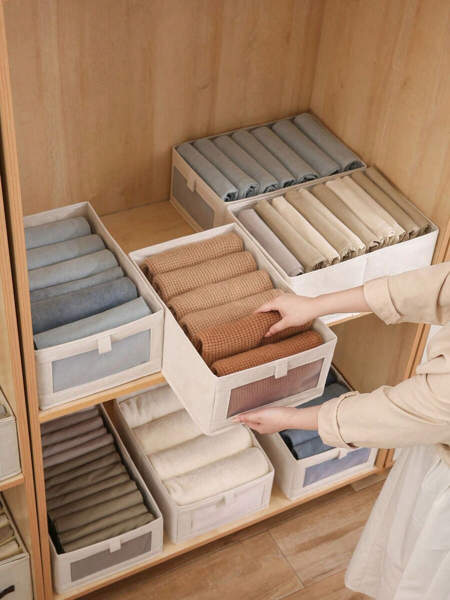 1 صندوق تخزين من قماش القطن والكتان على الطراز الياباني مع نافذة شبكية مرئية، سلة تنظيم ملابس كبيرة للملابس والكنزات والمناشف والبياضات، حاوية تخزين متعددة الوظائف للمنزل والخزانة وغرفة النوم والسكن الجامعي - متعدد الألوان - مشاهدة 1