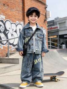 Boys Kids Toddler Autumn Spring All Season Loose Fit Letter Print Hand-Drawn Graffiti Denim Jacket And Jeans 2 Pieces Set Street Style Suitable For Daily Wear School Outdoor Casual - Baby Blue - View 8