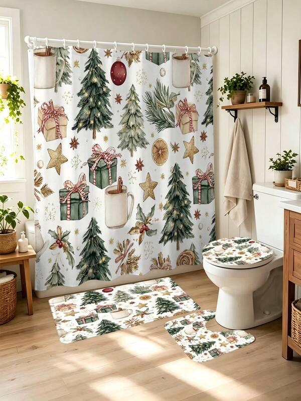 1/4pcs Cross-Border Exclusive White Background Realistic Red & Gold Christmas Ball Theme Bathroom 4-Piece Set, Thickened Waterproof Mildew-Resistant High-Density Polyester Shower Curtain + Non-Slip Absorbent Bath Mat + U-Shaped Toilet Seat Cover + Toilet Lid Cover, Includes 12 Drill-Free Rust-Proof Hooks, Top Pine Branch Decor With Red & Gold Ball And Gold Foil Ribbon Details, Bottom Stacked Red & Gold Gift Boxes And Christmas Grass Elements, Suitable For European And American Home Bathroom Dry/Wet Separation