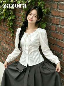 Korean Sweet French Style Slim Fit Tie Front Versatile Flattering Long Sleeve Women's Blouse - White - View 6