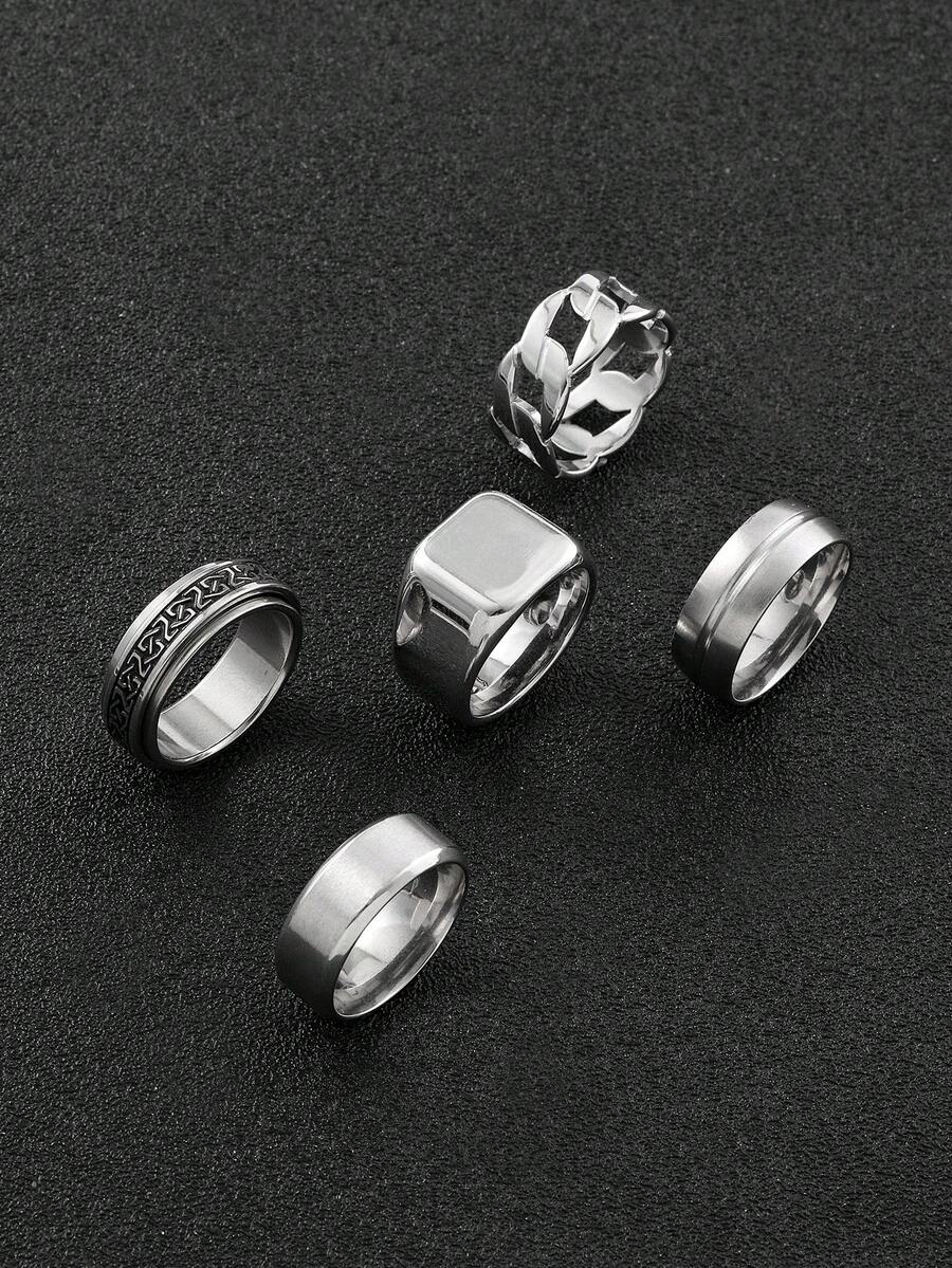 5pcs/Set Fashion Stainless Steel Gold-Plated Classic Ring Set, Dark Men's Jewelry, Versatile And Practical, Suitable For Daily Wear, Halloween Essential, Father's Day Gift, Husband Gift - Silver - View 1