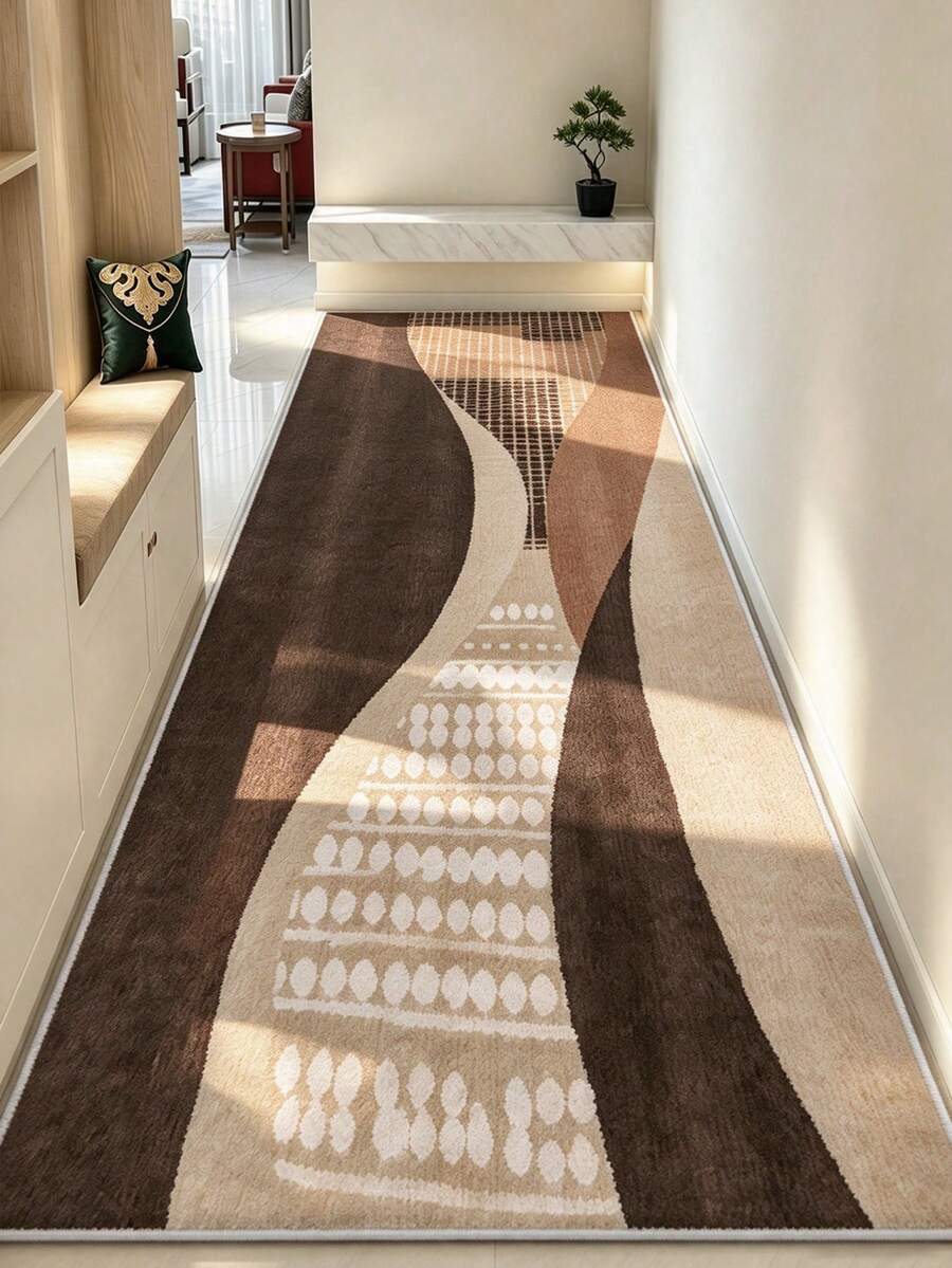 1pc Minimalist Geometric Line Print Pattern, Simple Long Runner Rug, Easy To Clean Long Runner Carpet, Suitable For Kitchen, Dining Room, Hallway, Corridor And Other Indoor Spaces, All Season Use - Brown - View 1