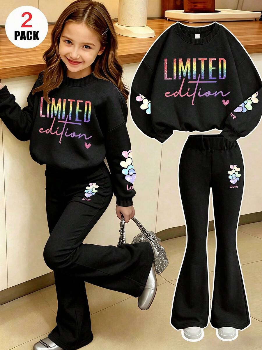 Tween Girls Sweet Fashion Personalized Print Crew Neck Sweatshirt + Casual Long Pants 2-Piece Set, Autumn/Winter Outfit, Campus Style, Homecoming Outfit - Black - View 1