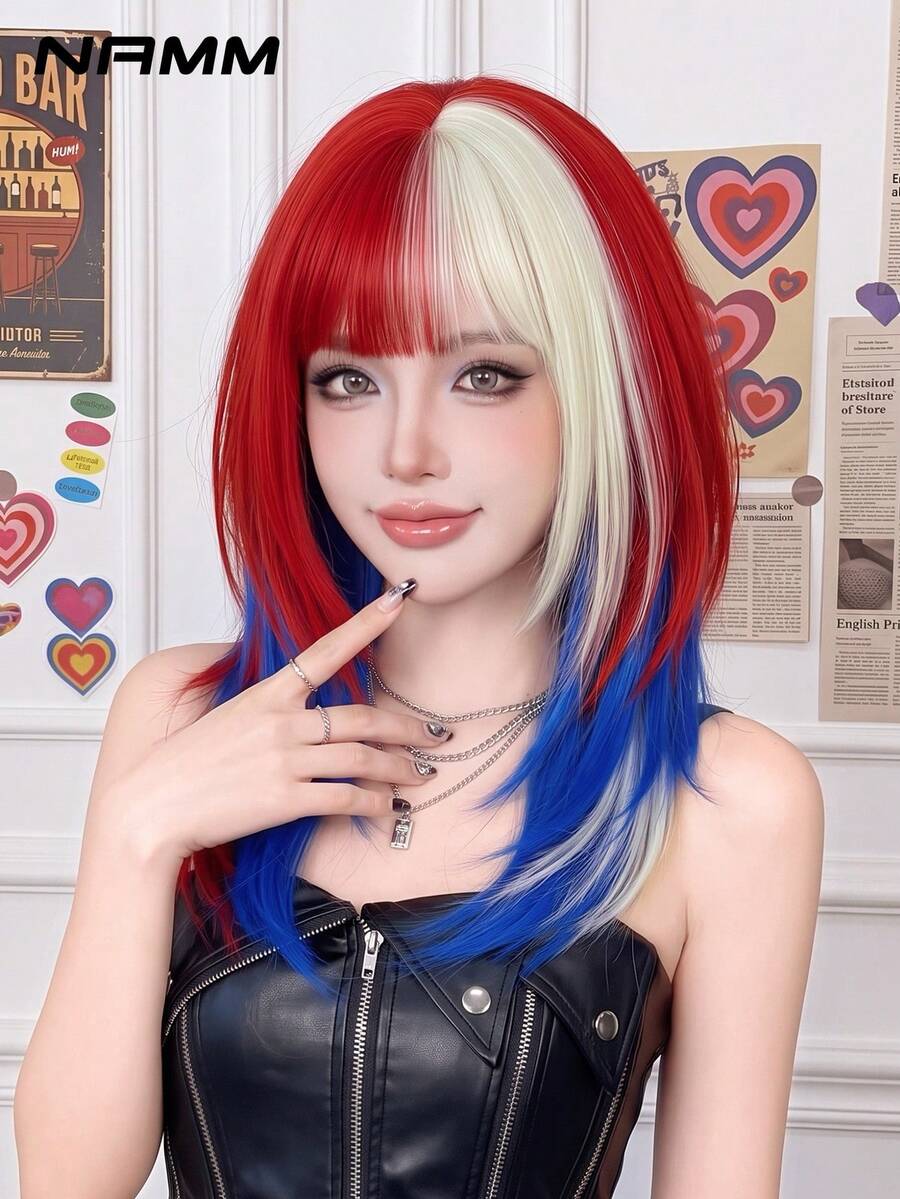 NAMM Red & White Two-Tone Split Dye Soccer Wig Or Man & Women 20-Inch Multicolor Split ColorWig Red White With Bule Highlights Lightweight Medium-Length Layered Hair Suitable For Halloween, Christmas, Holiday Party, Cosplay - Multicolor - View 1