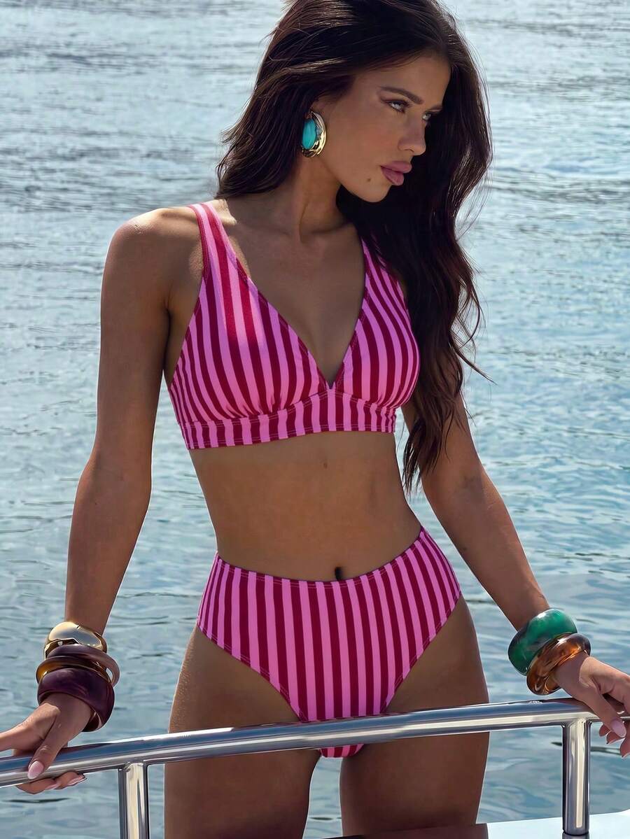 Women's Striped Printed Triangle Neck Bikini 2 Pieces Set Paired With High Waisted Swim Trunks Suitable For Island Vacation Swimming Beach Summer - Multicolor - View 1