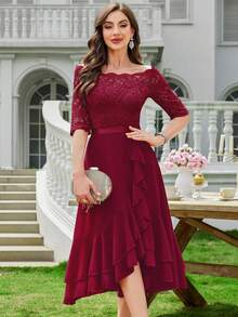 MIUSOL Boat Neck Floral Lace Patchwork Ruffle Hem Cocktail Party Dress - Red - View 2