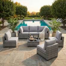 Juego de muebles para patio de 7 piezas, sofá modular de mimbre con mesa de centro de cristal y cojines, juego de muebles de mimbre para exteriores, resistente a la intemperie, ideal para jardín o patio trasero: mimbre gris y cojines azules. - Gris - Ver 1