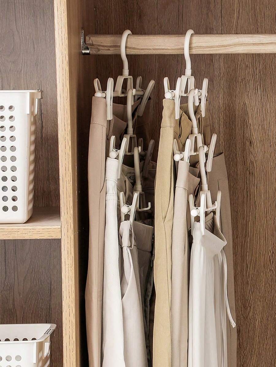 10pcs Plastic Rotating Clothes Hangers With Non-Slip Clips For Pants/Home Storage, Beige - Beige - View 1