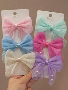 6/12Pcs Glitter Bow & Flower Hair Clip Set, Faux Pearl Decorated Alligator Hair Clips, Sweet Girl Side Hair Clips Princess Style Hair Accessories, Suitable For Daily/Party/Outing Use. - Multicolor - View 11