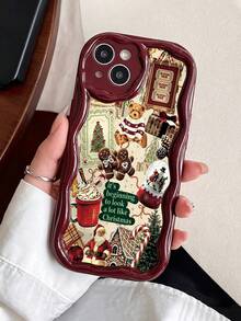 Christmas Painted Cream Wave Edge Burgundy Flat Print Anti-Drop Fashion Cute Phone Case For IPhone 17/17 Pro/17 Pro Max/16/16 Pro/16 Pro Max/16 Plus/14/15/P14/P13/P12/P11, Thickened Soft Full Coverage Creative Shockproof Shell - Multicolor - View 2