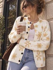 Cardigan Wanita Motif Cetak Seluruh Permukaan, Kasual, Serbaguna, untuk Pemakaian Sehari-hari - Putih - View 6