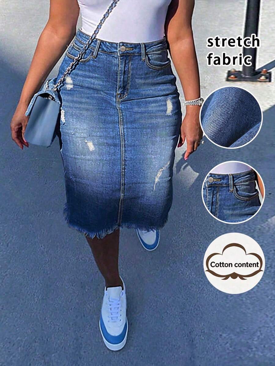 Women's Distressed Frayed Edge Pocket Sexy Denim Skirt Casual Vacation Spring