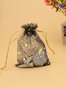1pc/3pcs/5pcs 9*12cm Gold Foil Black Moon & Star Pattern Organza Drawstring Bags, Suitable For Jewelry Storage, Candy, Chocolate Packaging, Birthday, Party Gift Wrapping - Multicolor - View 7