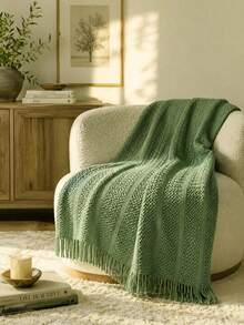1pc Solid Color Knitted Blanket, Nordic Style Tassel Design Soft Blanket, Office Nap Blanket, Bed Throw, Sofa Blanket, Suitable For Daily Use - Olive Green Cable Knitted Scarf - View 2