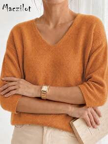 Curve Plus Size Fuzzy Mohair Knit Top, Deep V-Neck, 3/4 Sleeve, Loose Fit Autumn Casual Sweater, Suitable For Curvy Figures - Orange - View 3