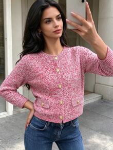 Autumn/Winter New Women's European & American Style Fashion Minimalist Versatile Single-Breasted Knit Cardigan - Pink - View 2