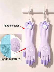 Cute Cartoon Print Latex Protective Gloves, Extended Cuff Design Waterproof Household Gloves, Non-Slip Texture With Convenient Hook, Color Block Style, Suitable For Kitchen Dishwashing, Bathroom Cleaning And Various Daily Chores - Multiple Styles - View 8