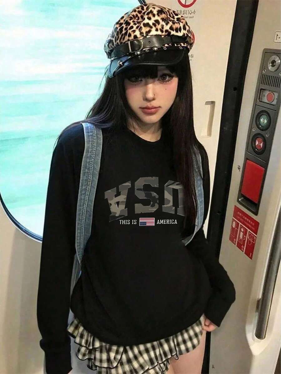 Women's New Autumn/Winter Long Sleeve T-Shirt, Design-Focused Camouflage & English Letter Print, Round Neck, Casual Versatile Top - Black - View 1