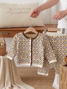 Baby Girls Vintage Rhombus Floral Knit 2 Pieces Set, Coffee & Yellow Colorblock Jacquard Cardigan & Wide Leg Long Pants - Apricot - View 7