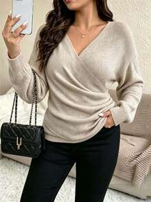 Women's Solid Color Casual Fashion V-Neck Long Sleeve Cross Knit Sweater - Khaki - View 3
