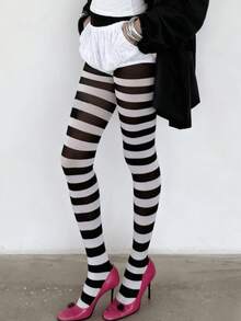 1 Pair Women's Black And White Striped Tight Leggings, High Elasticity Fitted Tights, Suitable For Halloween Party And Punk Style Outfits - Black and White - View 6