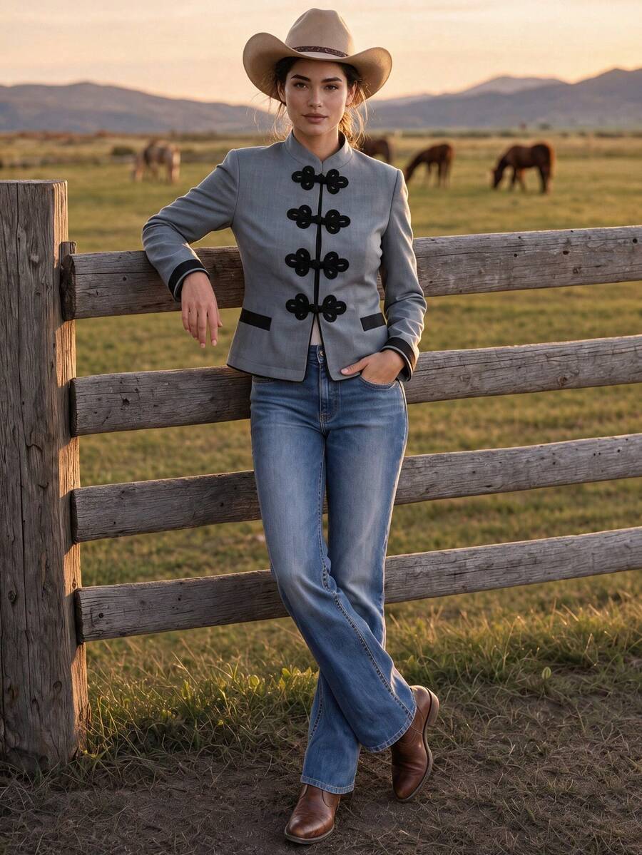 2026 Women's Autumn/Winter Casual Versatile Frog Button Long Sleeve Jacket, Elegant Versatile, Stand Collar, Contrast Color Jacket, Suitable For Daily, Commute, Outing, Shopping, Dating, Back To School Season And More - Grey - View 1