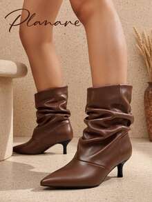planare New Women's Fashionable Personalized Ruched Mid-Calf Brown Boots, Slip-On Pointed Toe Kitten Heel Street Casual Slouchy Boots, Slimming - Brown - View 6