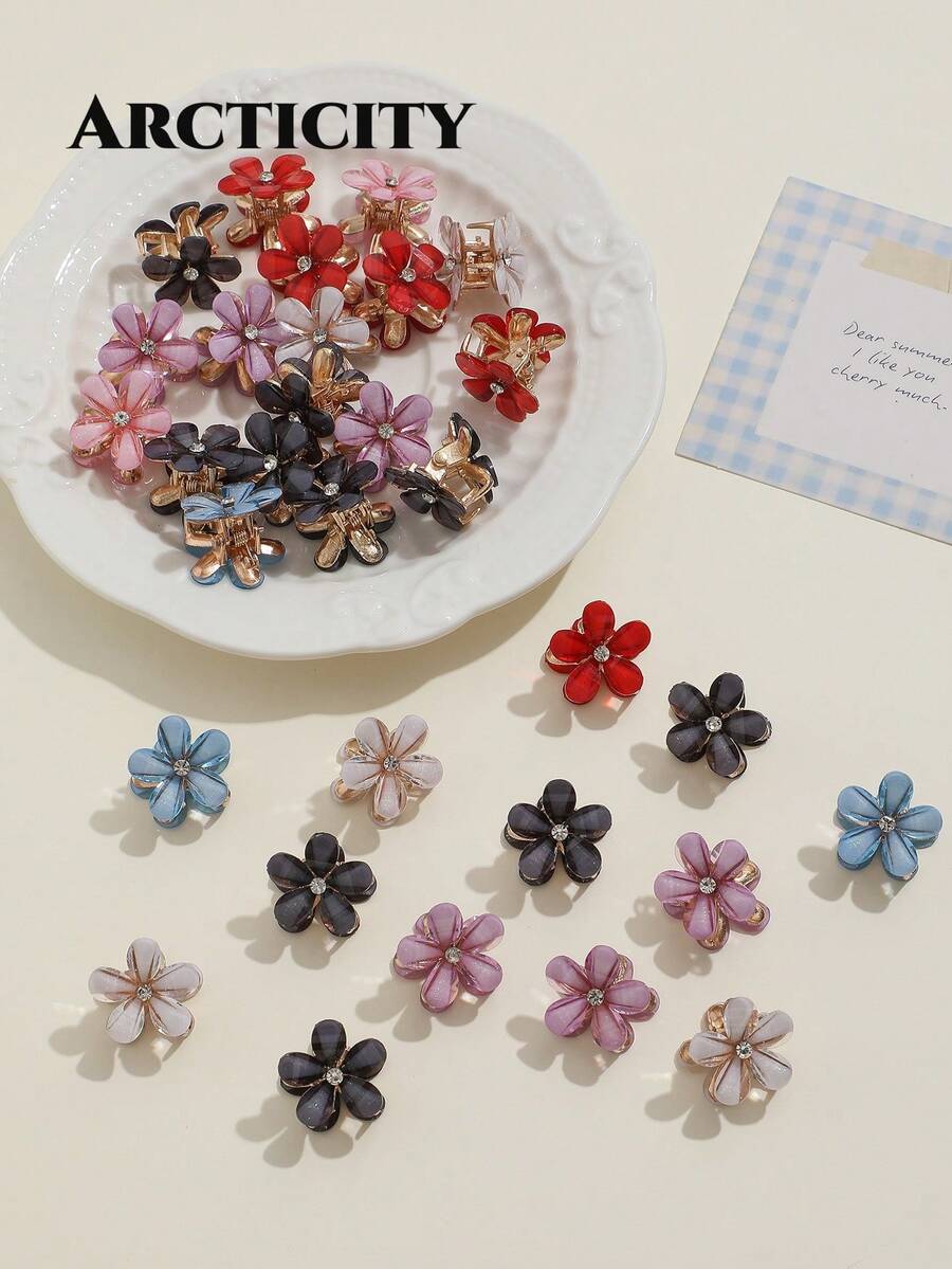Arcticity 12pcs Mixed Color Alloy Crystal Flower Hair Clips Set, Delicate Small Flower Hair Pins, Suitable For Women - Multicolor - View 1