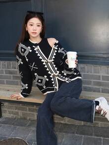 Nordic Geometric Pattern Sweater Cardigan, Button Front, Crew Neck, Long Sleeves, Soft Knit, Black, Vintage Fall Casual Layering Piece For Women - Black - View 3
