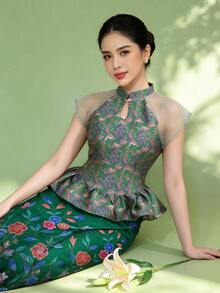 1pc Floral Print Peplum Button Ruffle/Frill Trim Women's Blouse, Suitable For Holidays, Dates, Summer, Green - Green - View 2
