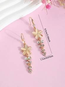 1 Pair Luxury Cat Eye Floral Long Tassel Drop Earrings, Gold-Tone Rhinestone Dangle Earrings For Women, Elegant Party Wedding Jewelry - Gold - View 3