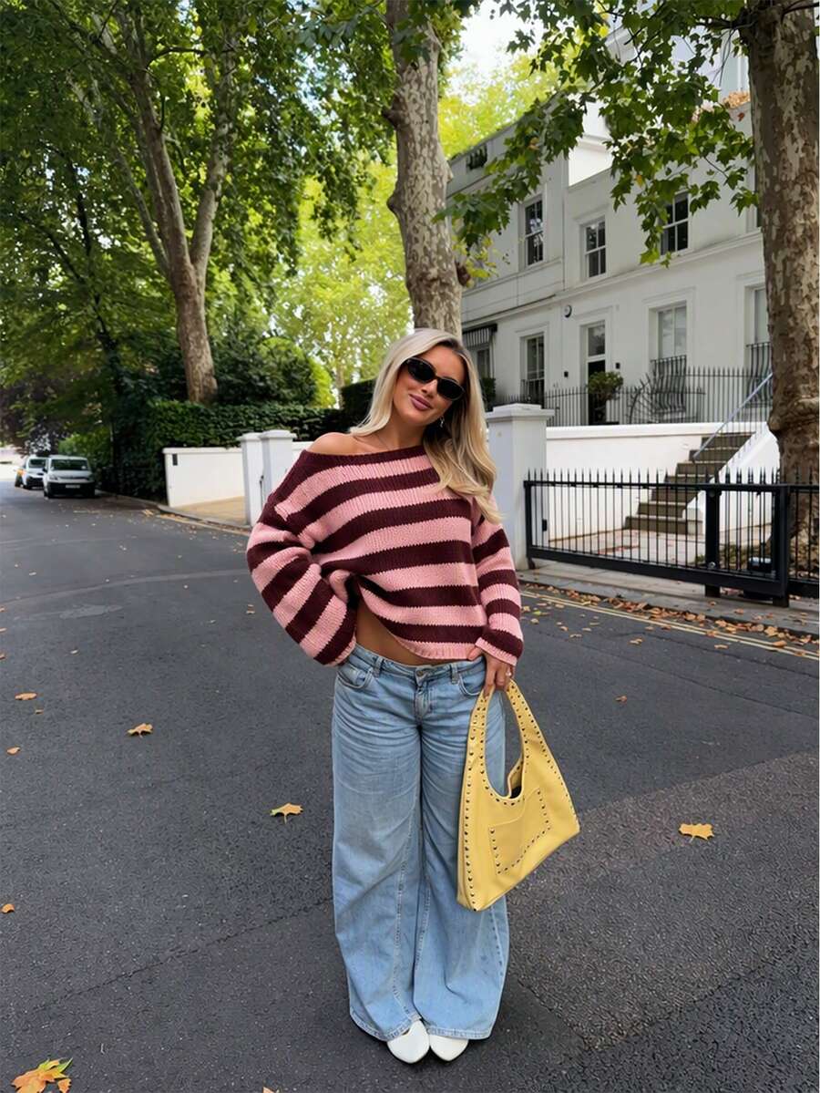Women's Cute Casual Long Sleeve Cold Shoulder Striped Pink Knit Sweater Pullover Top Back To School - Pink - View 1