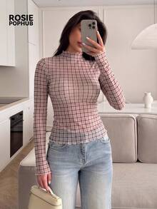 ROSIE POPHUB Women Brown Plaid Ruffled Mock Neck Long Sleeve Slim Fit Top, Elegant Office Daily Christmas Tee For Fall Winter - Coffee Brown - View 7