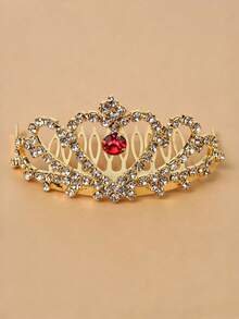 1pc Gold Rhinestone Red Heart Hair Comb Crown Hair Accessory, Suitable For Bride Wedding, Party Birthday Women's Hair Accessory - Gold - View 4